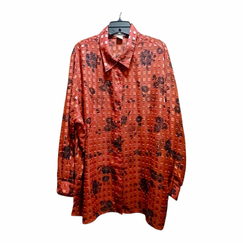 Notations Woman Floral Sheer Button Up Blouse Red 3X INV492